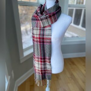 Vintage Fiori di Firenze Gray Pink Plaid Wool Scarf w Fringe Made in Italy